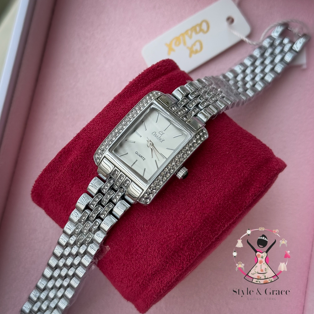 Caslex | CX - | Square Stone bezel Chain| Single Tone | Pearl White Dial_img_1