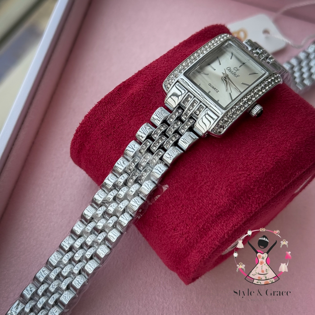 Caslex | CX - | Square Stone bezel Chain| Single Tone | Pearl White Dial_img_2