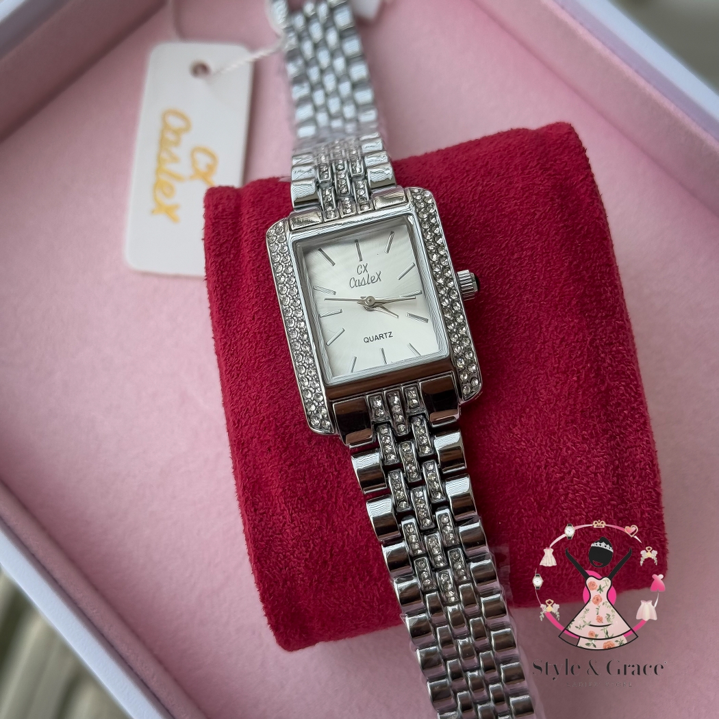 Caslex | CX - | Square Stone bezel Chain| Single Tone | Pearl White Dial_img_5