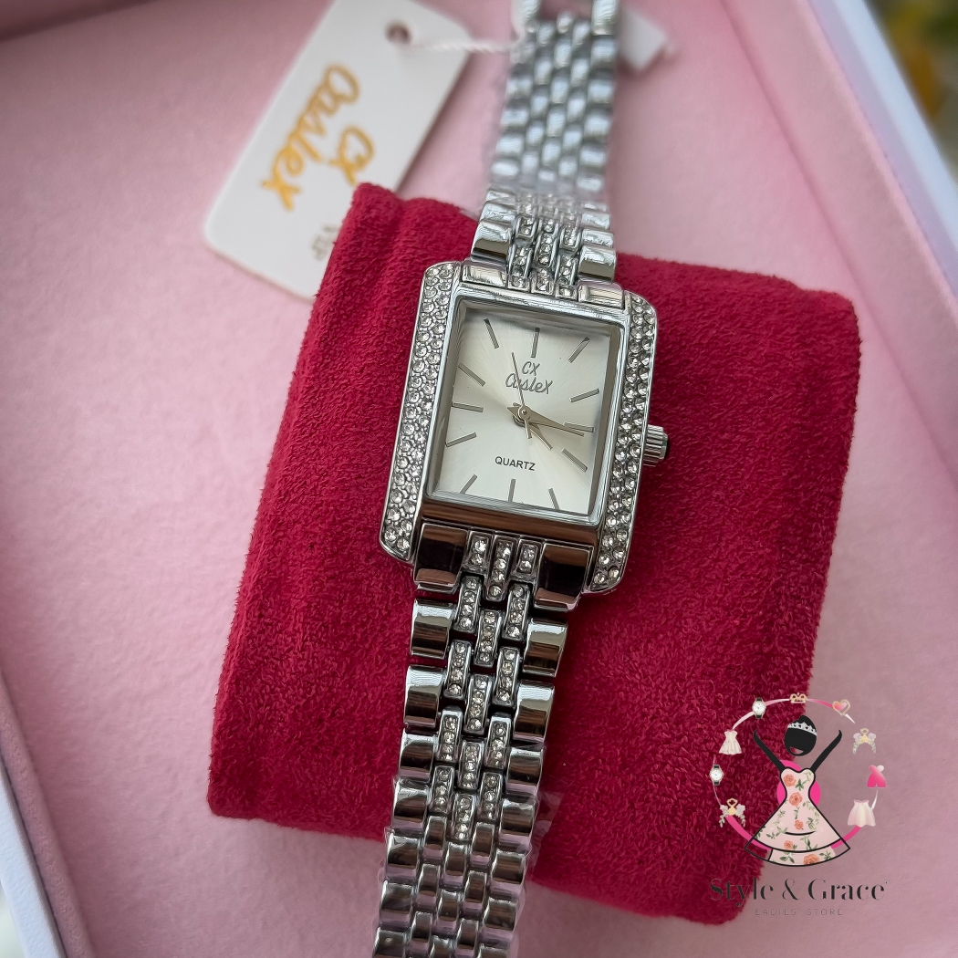 Caslex | CX - | Square Stone bezel Chain| Single Tone | Pearl White Dial_img_6