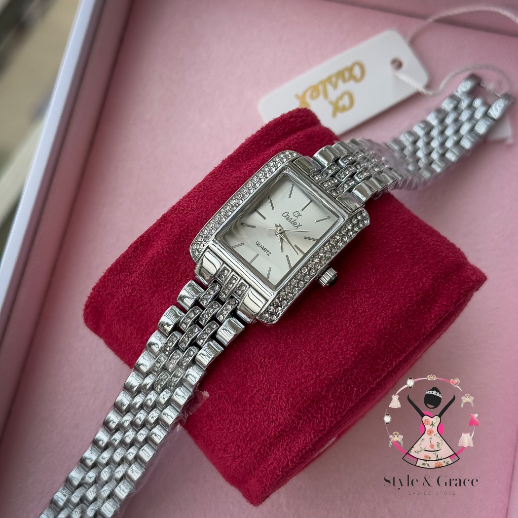 Caslex | CX - | Square Stone bezel Chain| Single Tone | Pearl White Dial_img_8