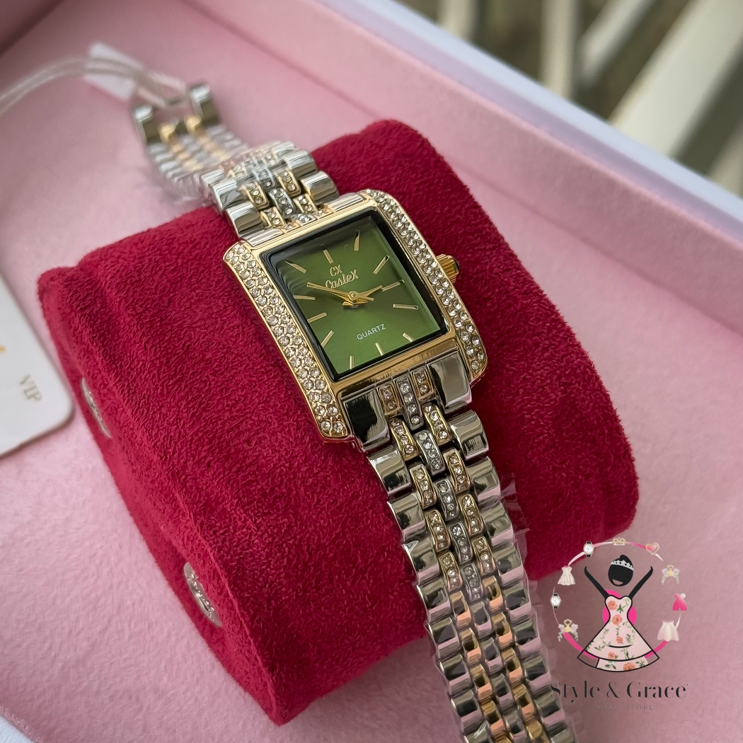Caslex | CX - | Square Stone bezel Chain| Dual Tone | Green Dial