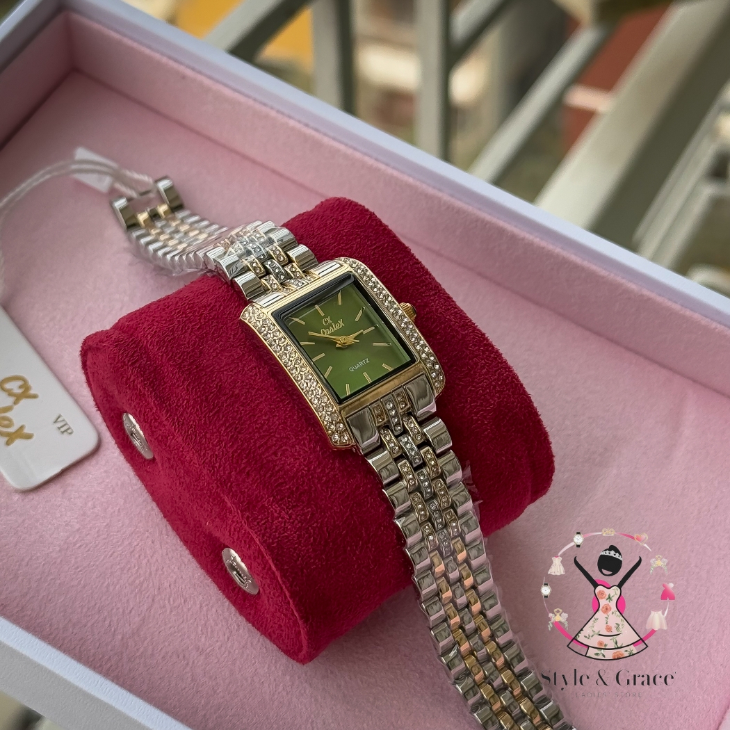 Caslex | CX - | Square Stone bezel Chain| Dual Tone | Green Dial_img_1