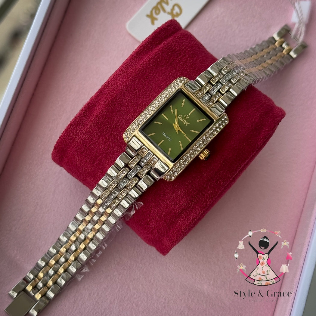Caslex | CX - | Square Stone bezel Chain| Dual Tone | Green Dial_img_2