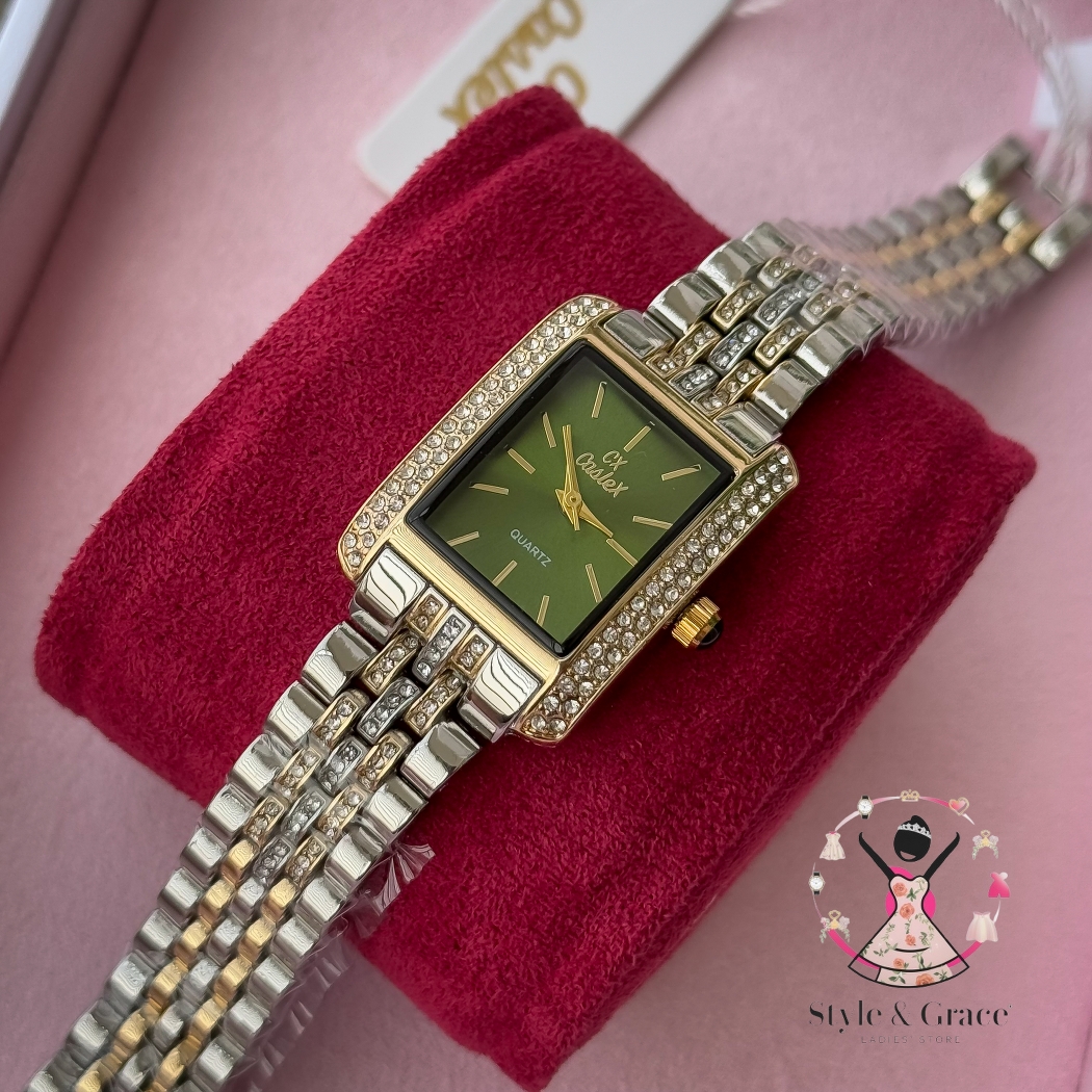 Caslex | CX - | Square Stone bezel Chain| Dual Tone | Green Dial_img_3