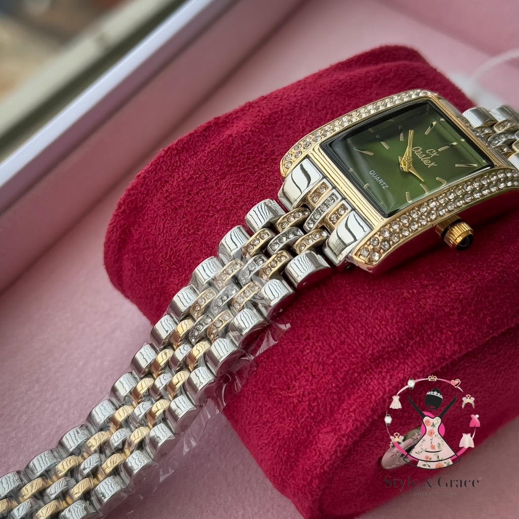 Caslex | CX - | Square Stone bezel Chain| Dual Tone | Green Dial_img_4