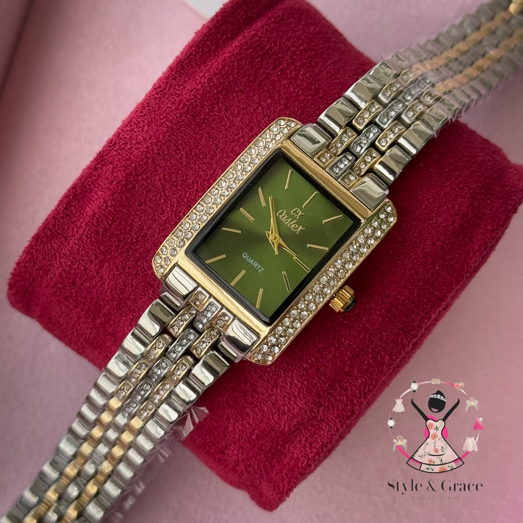 Caslex | CX - | Square Stone bezel Chain| Dual Tone | Green Dial_img_5