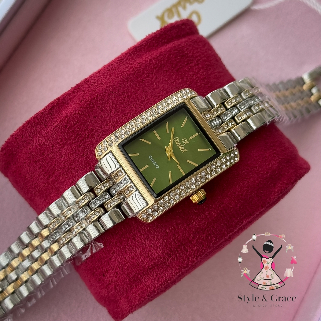 Caslex | CX - | Square Stone bezel Chain| Dual Tone | Green Dial_img_7