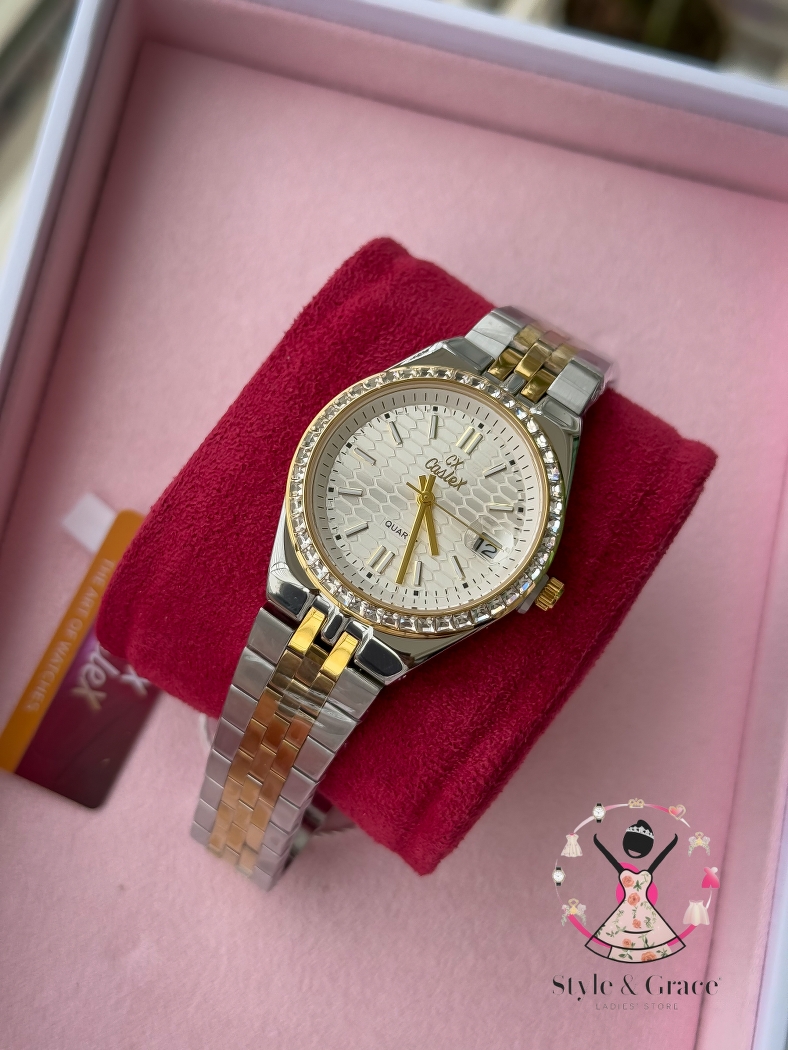 Caslex | CX - | LD Stone style | Dual Tone | Pearh White Dial