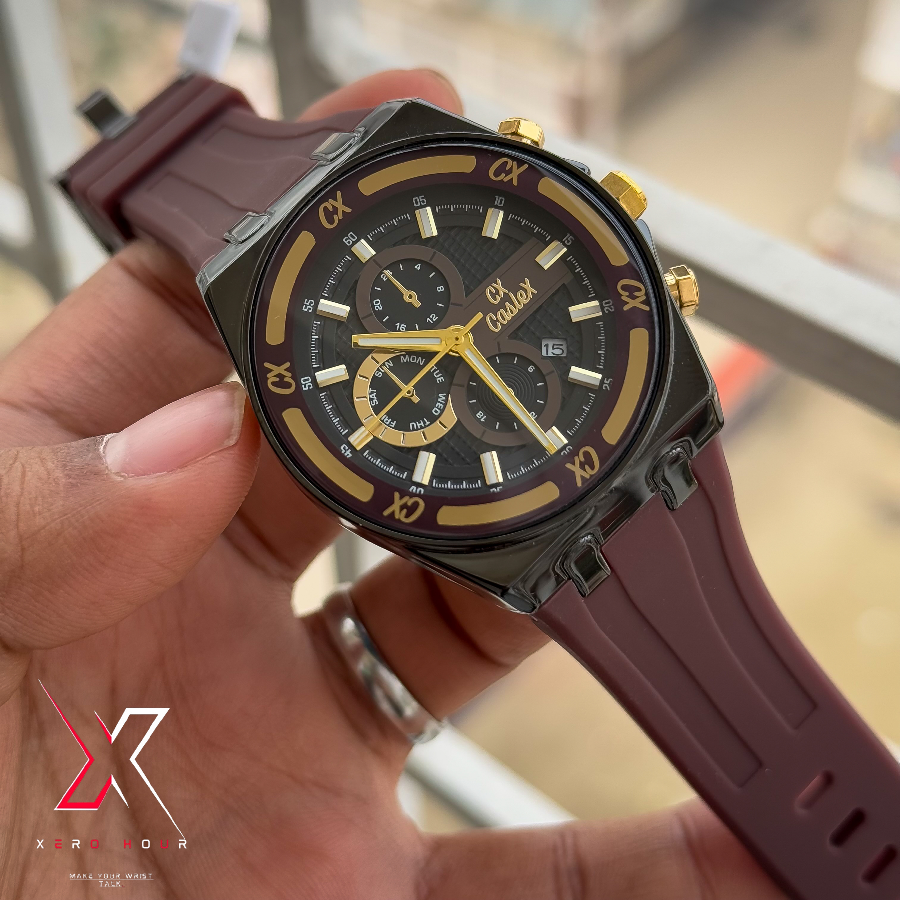 Caslex Gents Watch | Silicon Strap | Non Chrono | Burgendy dial