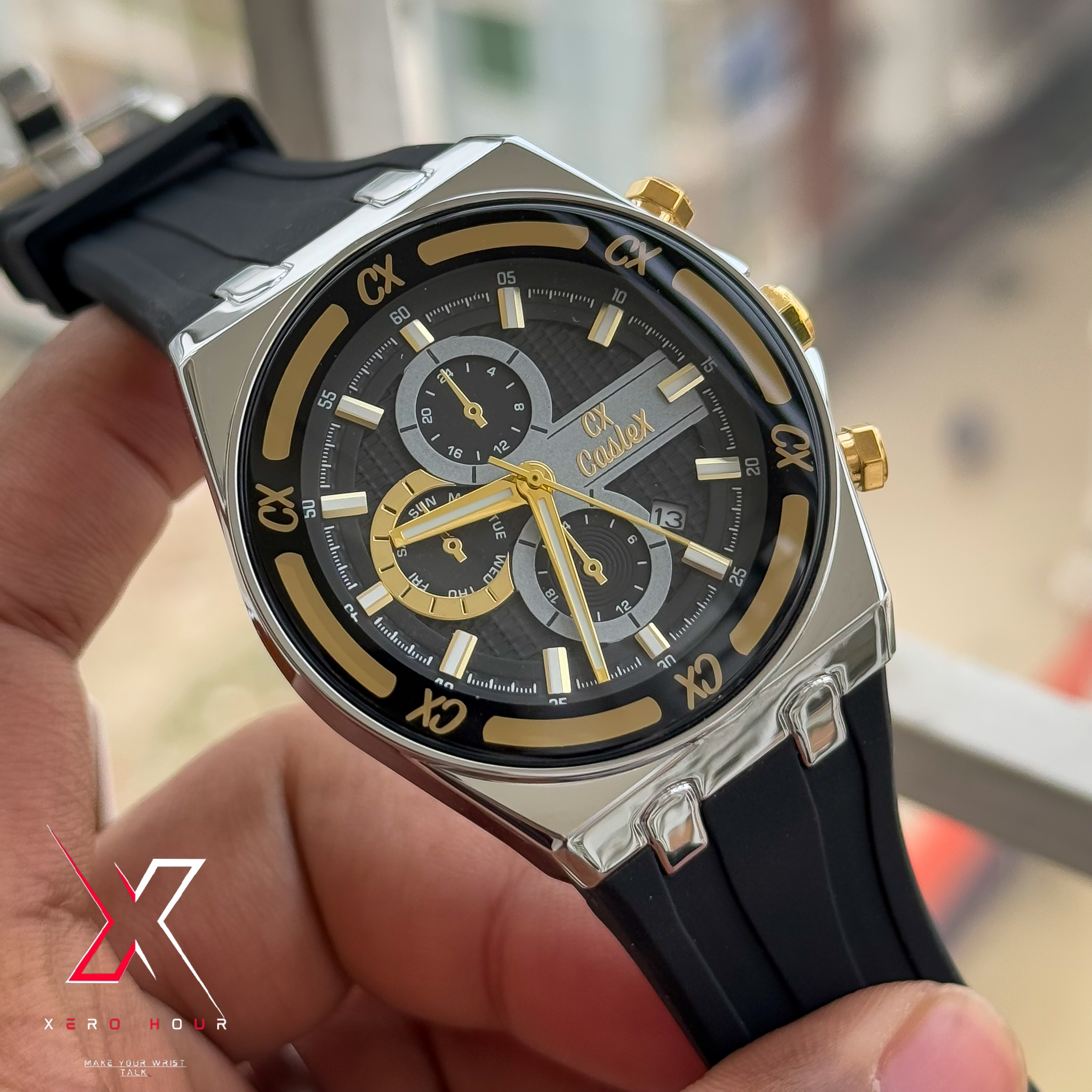 Caslex Gents | Silicon Strap | Black Silver Dial | Non Funcitonal Chrono