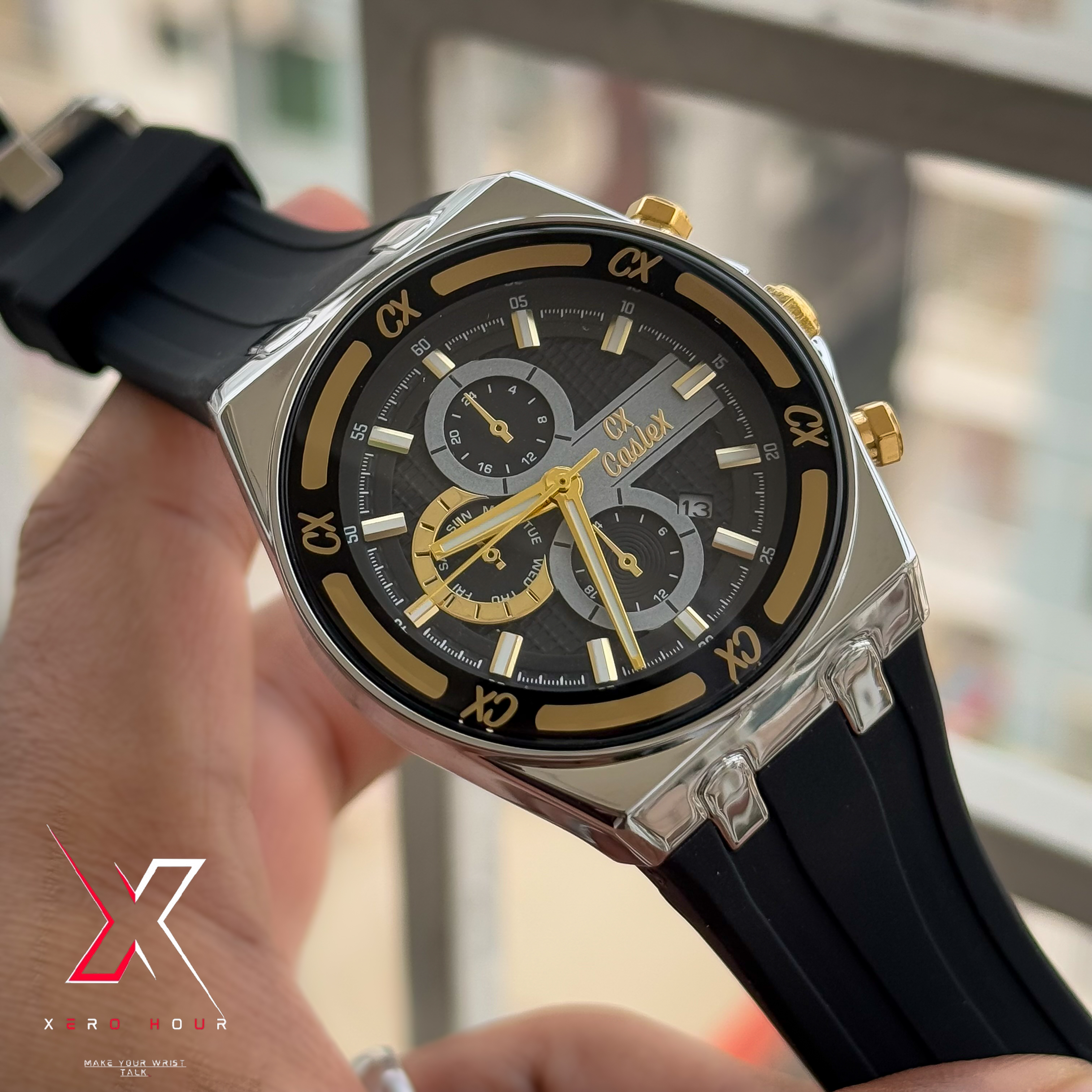 Caslex Gents | Silicon Strap | Black Silver Dial | Non Funcitonal Chrono_img_2