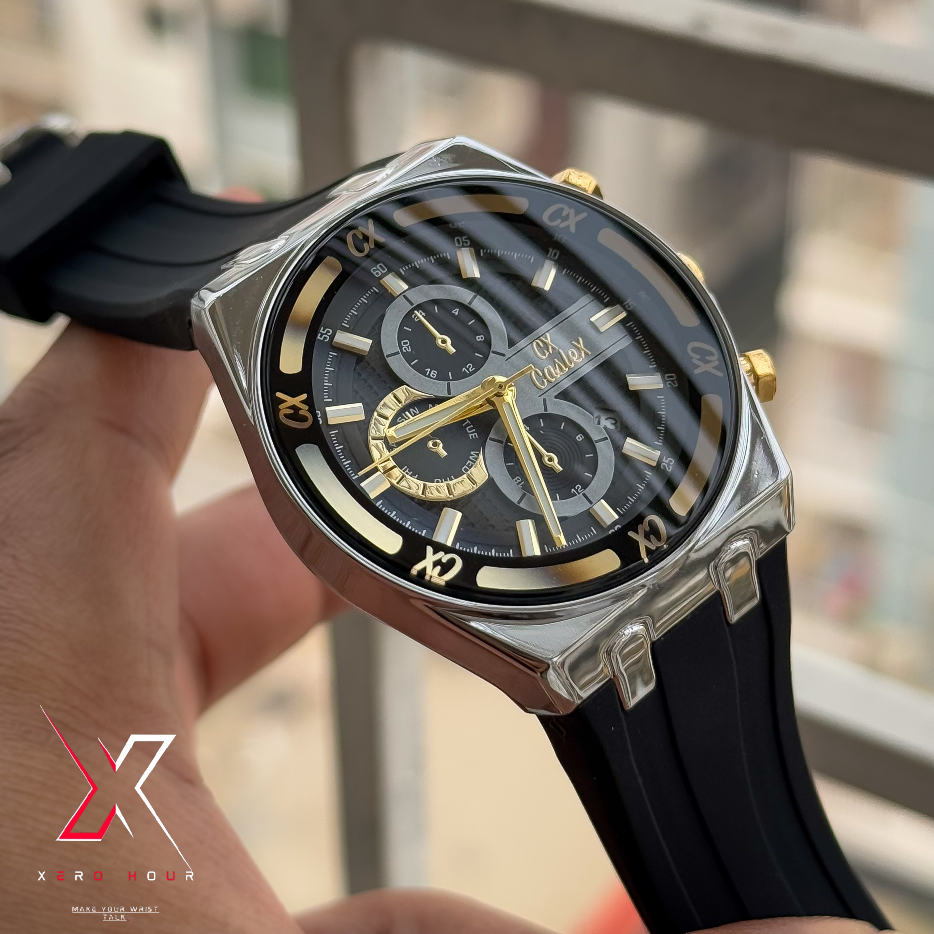 Caslex Gents | Silicon Strap | Black Silver Dial | Non Funcitonal Chrono_img_3
