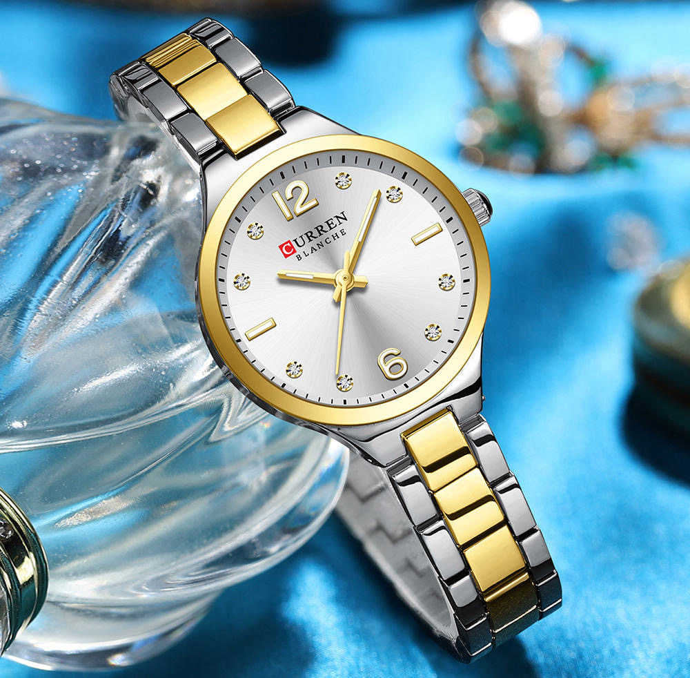 Curren 9105 Ladies Chain Watch- Silver Dial- Golden Bezel- Silver+Golden Chain- CR990CF_img_3