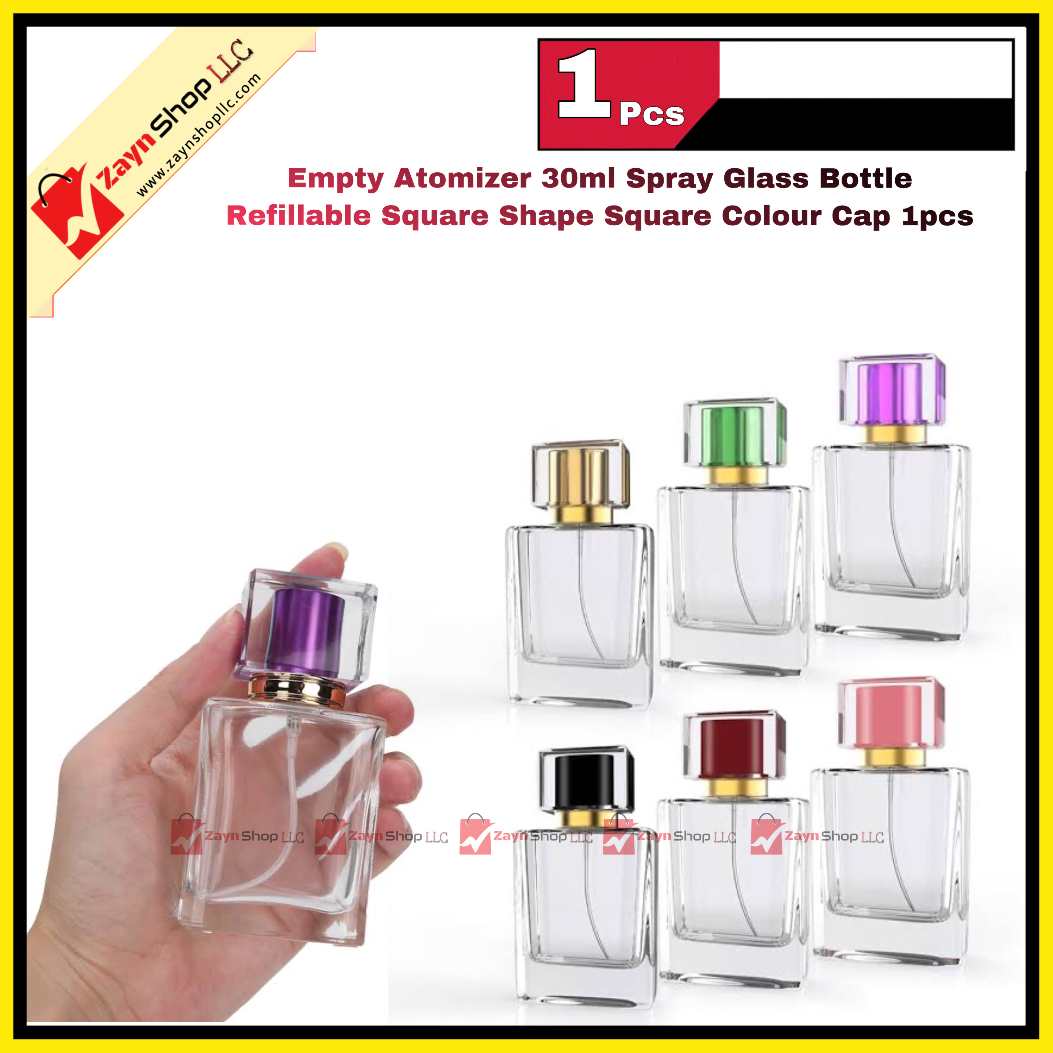 Empty 30ml  Perfume Atomizer Spray Glass Bottle Refillable Square Shape Square Colour Cap 1pcs_img_2