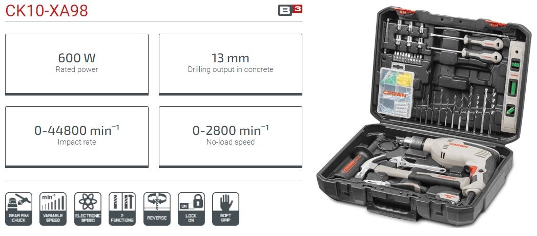 CROWN CK10-XA98 Professional Impact Drill With 98pcs Set of Tools & Accessories, Electric drill set, Model: CK10-XA98_img_7
