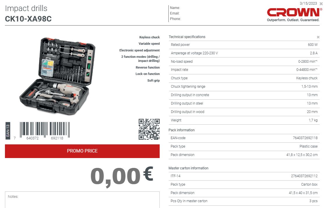 CROWN CK10-XA98 Professional Impact Drill With 98pcs Set of Tools & Accessories, Electric drill set, Model: CK10-XA98_img_10