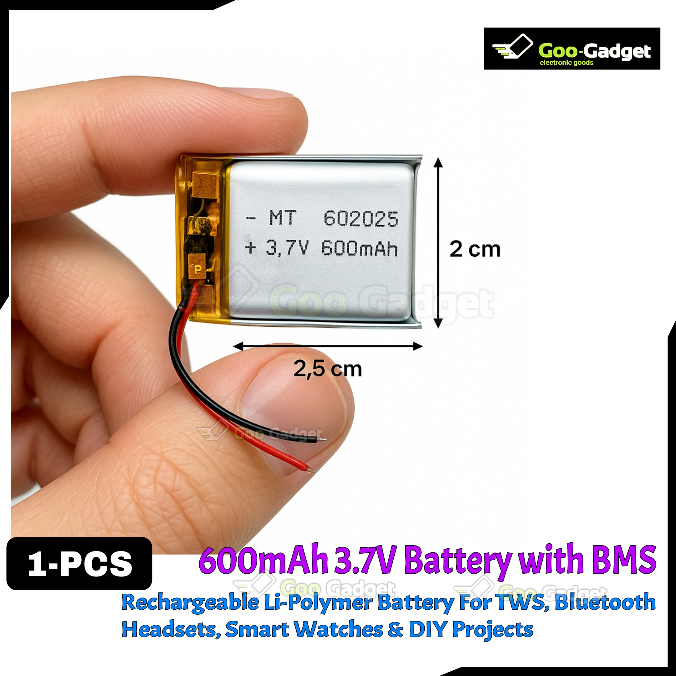 600mAh 3.7V Rechargeable Li-Polymer Battery with BMS – For TWS, Bluetooth Headsets, Smart Watches & DIY Projects