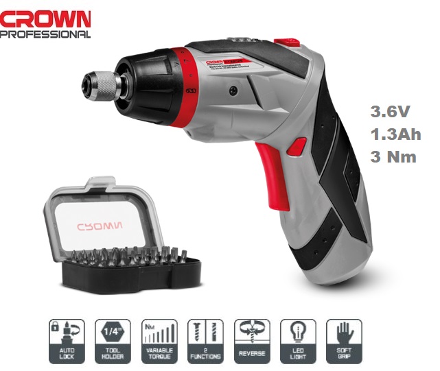 Crown CT22025, 3.6v Cordless Screwdriver with 31pcs bit set, 1.3Ah, Chuck : 6.35mm, Max. Torque: 3N.m, Model: CT22025_img_0