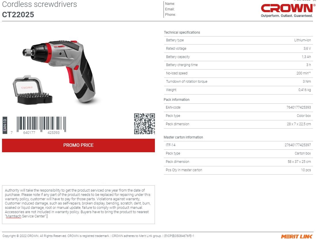 Crown CT22025, 3.6v Cordless Screwdriver with 31pcs bit set, 1.3Ah, Chuck : 6.35mm, Max. Torque: 3N.m, Model: CT22025_img_4