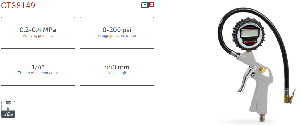 CROWN CT38149 Professional Tire Inflator, Working pressure: 2-4 Bar, Gauge pressure: 0-200psi, ; Model: CT38149_img_1