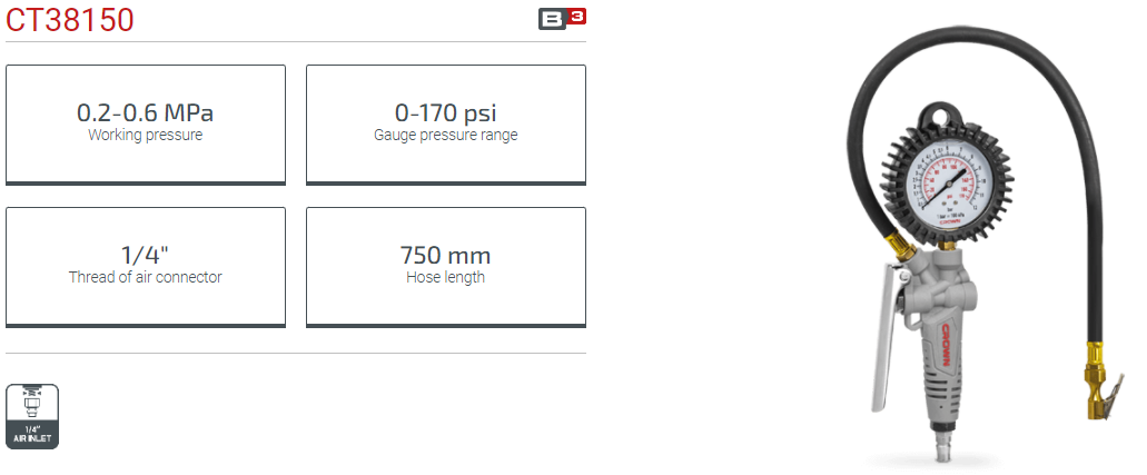 CROWN CT38150 Professional Tire Inflator, Working pressure: 0-12 bar, Gauge pressure: 0-170psi; Model: CT38150_img_1