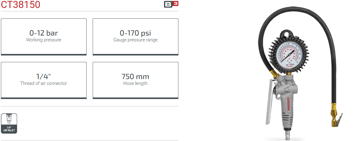 CROWN CT38150 Professional Tire Inflator, Working pressure: 0-12 bar, Gauge pressure: 0-170psi; Model: CT38150_img_3