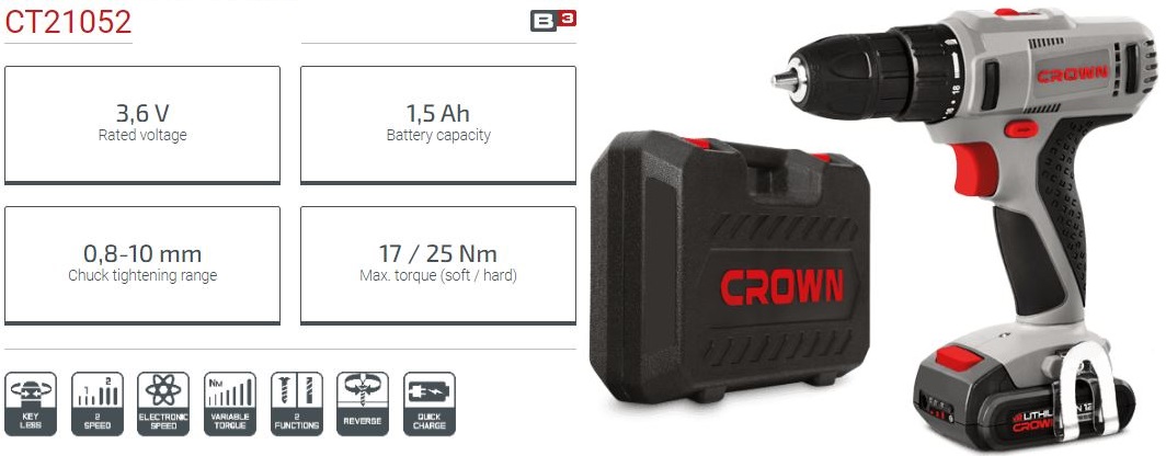 CROWN CT21052LH, Professional Cordless Drill/Screwdriver, 12V, 1.5Ah, 10mm, 25N.m; With 2pcs Battery & Charger; Model: CT21052LH_img_5