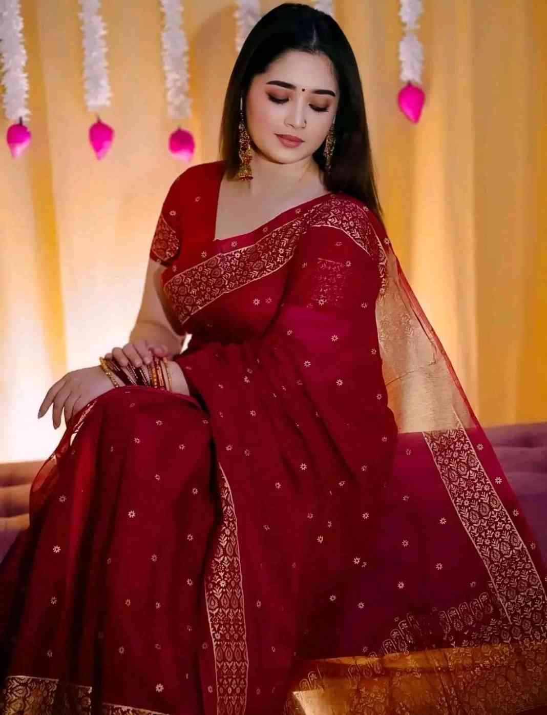 💥 হাফসিল্ক গ্লিটার ওয়ার্ক আফসান প্রিন্ট শাড়ি ব্লাউস পিস সহ 💥