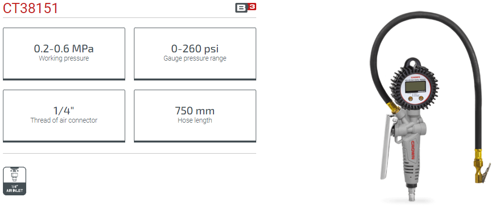 CROWN CT38151 Professional Tire Inflator, Working pressure 0.2-0.6 MPa, Gauge pressure range: 0-260 psi; Model: CT38151_img_2