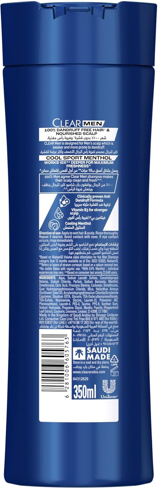 CLEAR Shampoo for men, anti-dandruff shampoo, Cool Sport Menthol, 100% Dandruff-free hair^ & Nourished Scalp, 350 ml_img_1