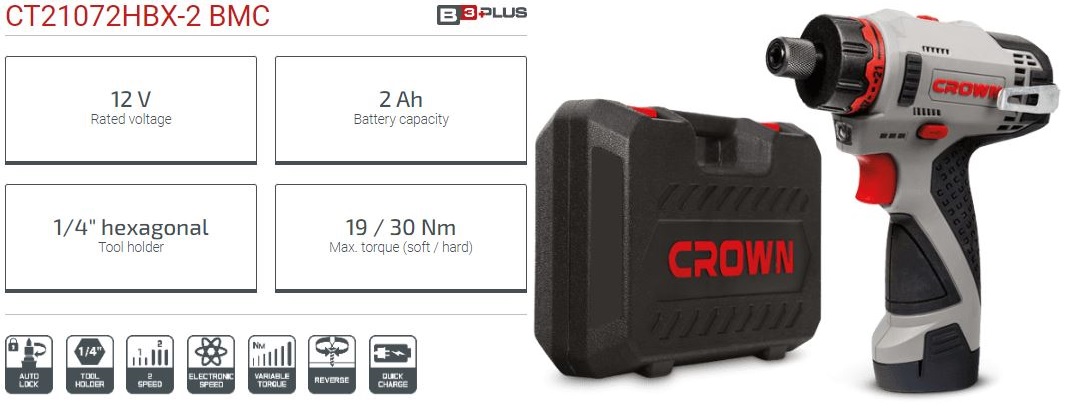 Crown CT21072HBX 12v Cordless Screwdriver with Battery & Charger, 2.0Ah, 30N-m, CT21072HBX-2 BMC_img_1