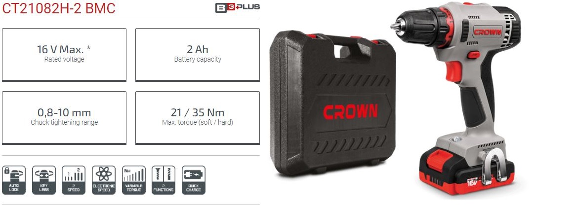 CROWN CT21082H-2 , 16V Professional Cordless Drill/Screwdriver, 2.0Ah, 10mm; CT21082H-2 BMC_img_3