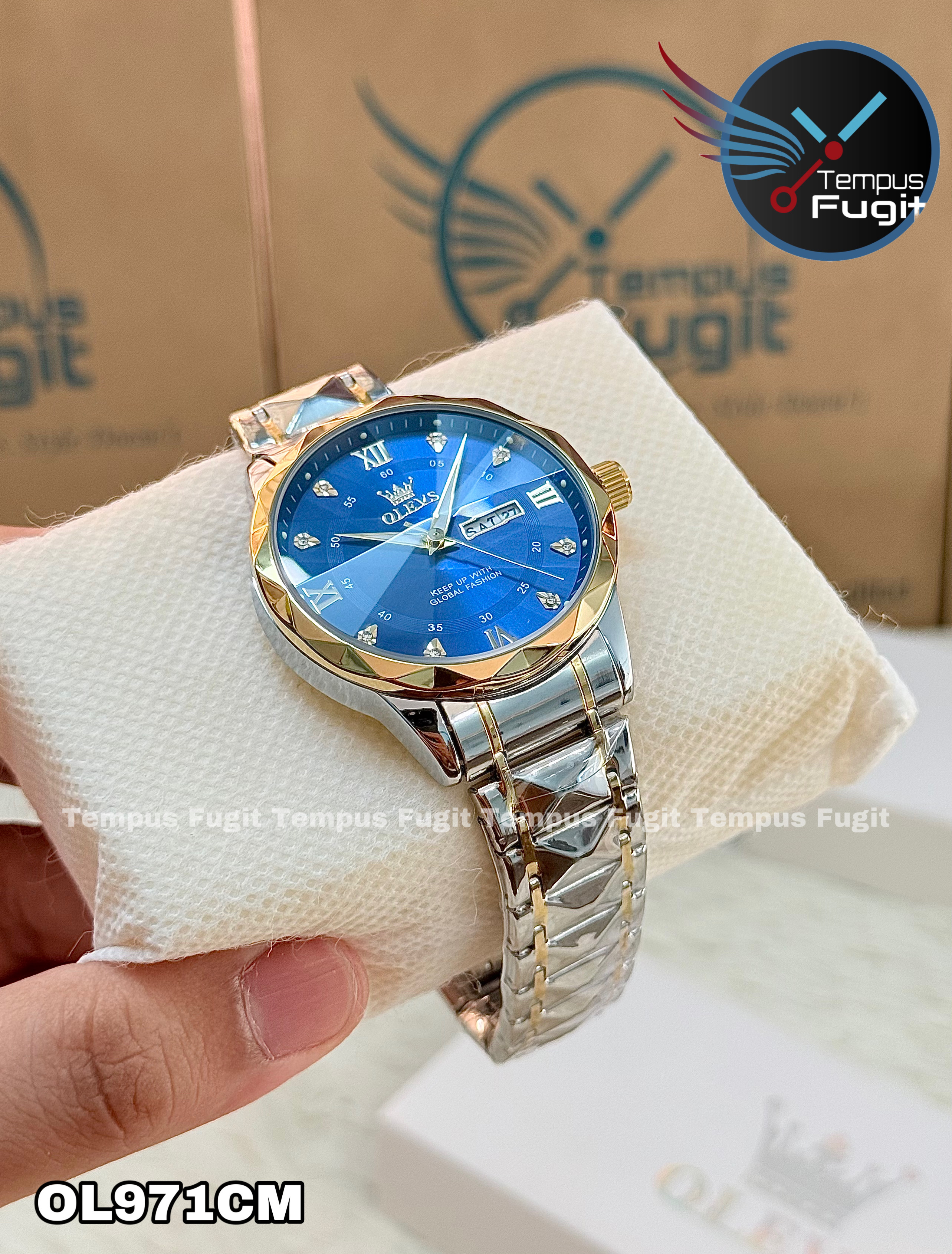 OLEVS 5609 Gents Chain Watch- Blue Dial- Golden Bezel- Silver+Golden Chain- TF Code OL971CM_img_11