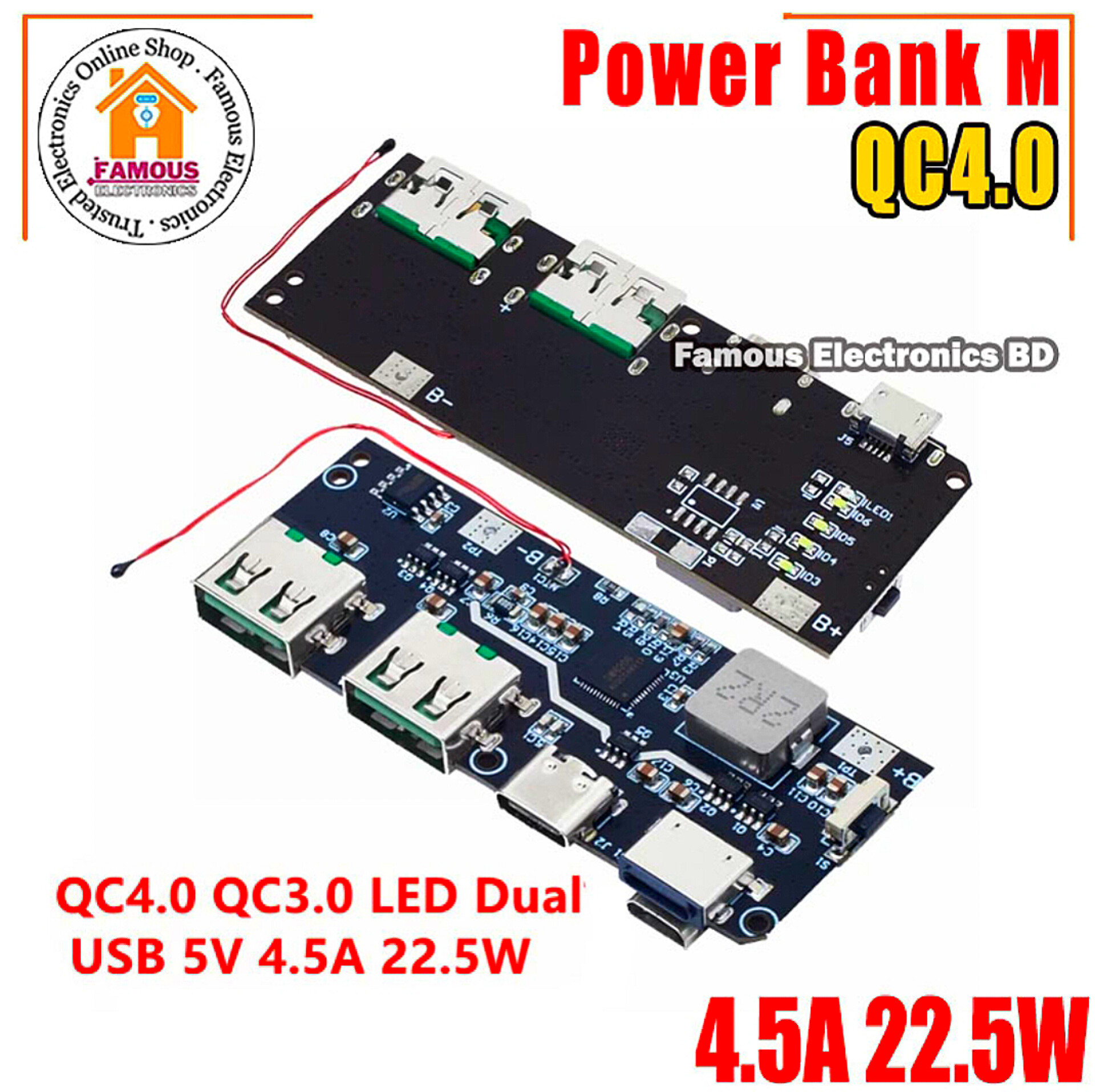 QC4.0 QC3.0 LED Dual USB 5V 4.5A 22.5W Micro/Type-C USB Mobile Power Bank 18650 Charging Module Temperature / Circuit Protection_img_2