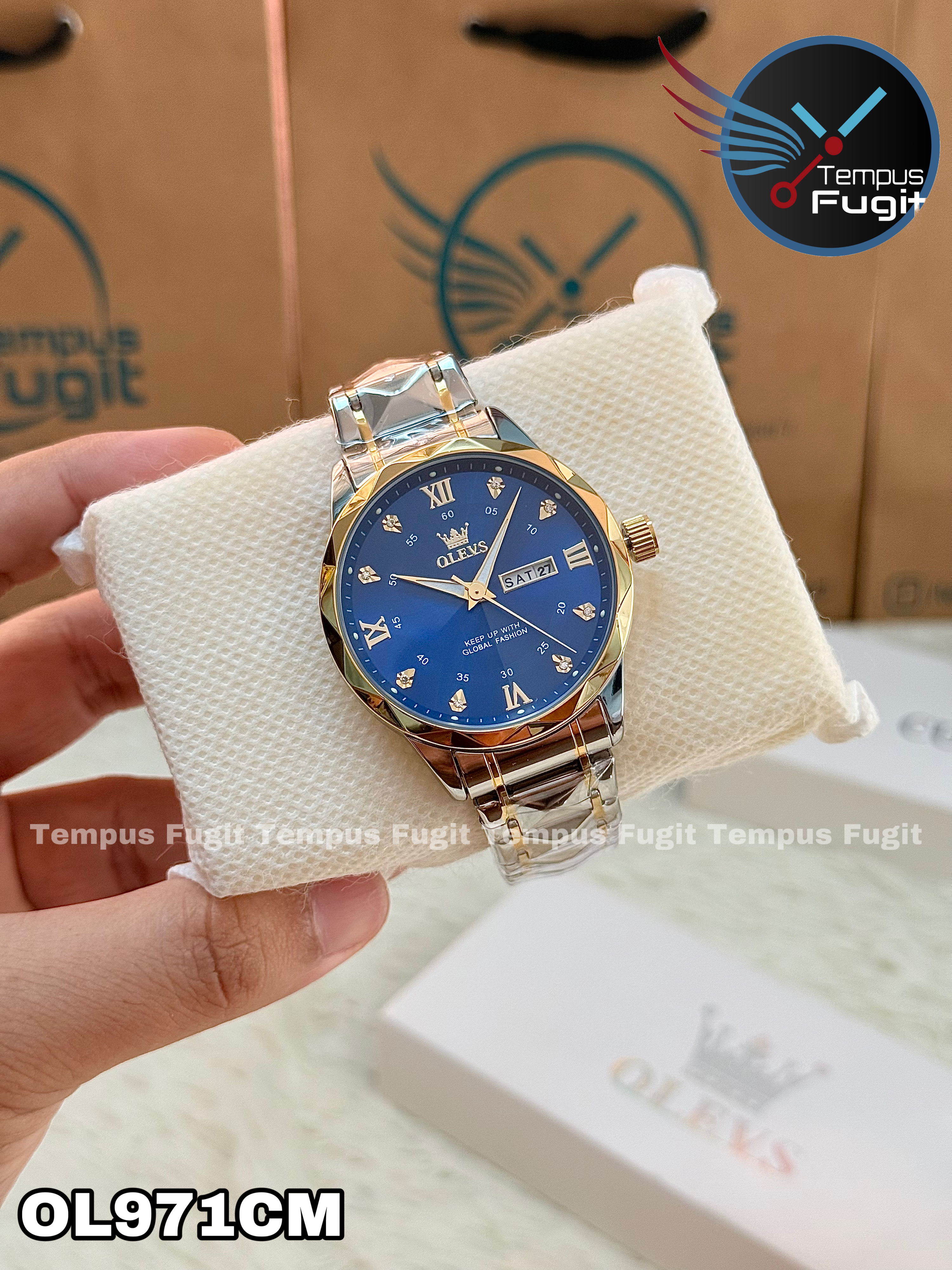 OLEVS 5609 Gents Chain Watch- Blue Dial- Golden Bezel- Silver+Golden Chain- TF Code OL971CM_img_10