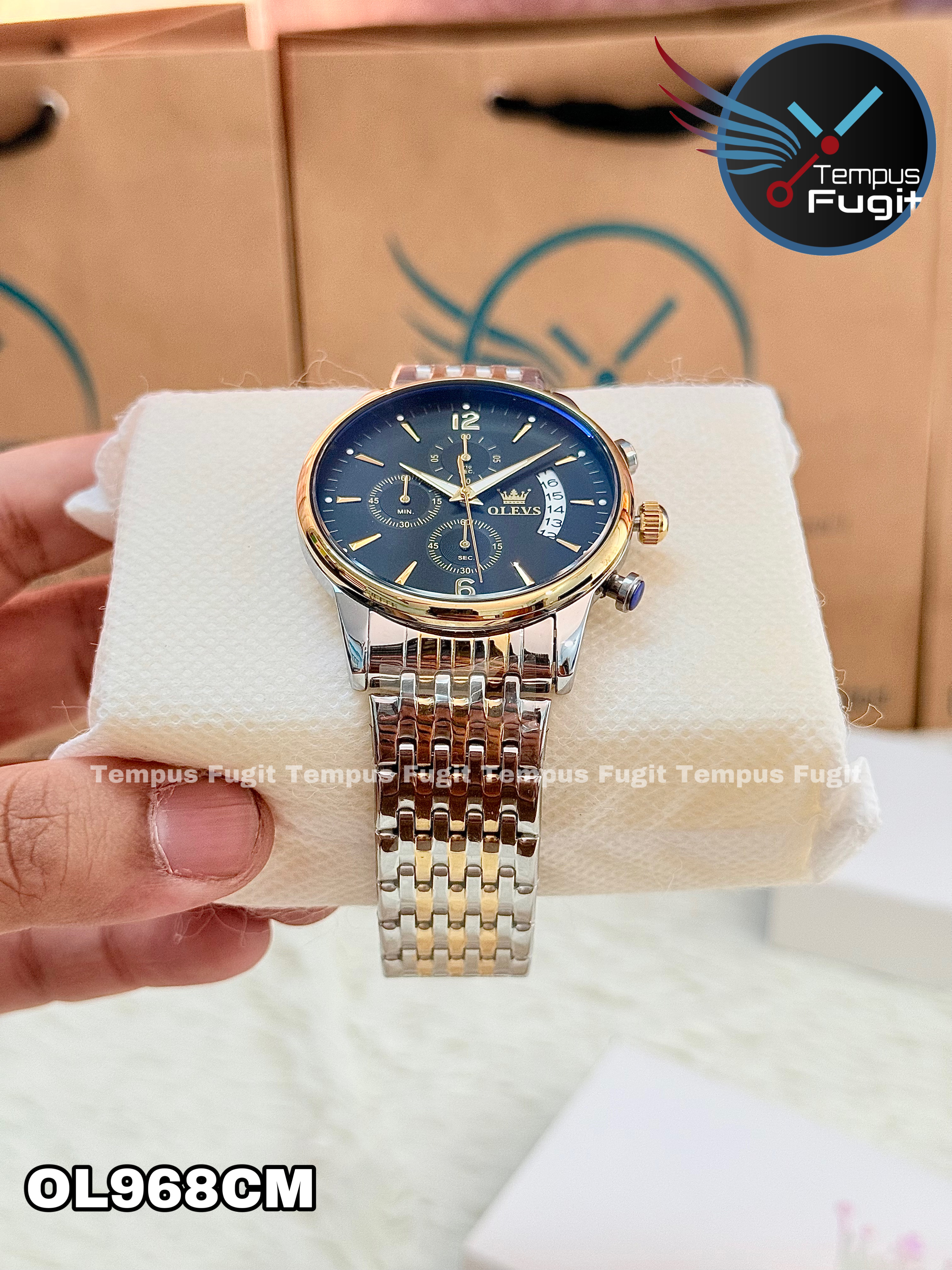 OLEVS 2867 Gents Chain Watch- Black Dial- Golden Bezel- Silver+Golden Chain- TF Code_img_10