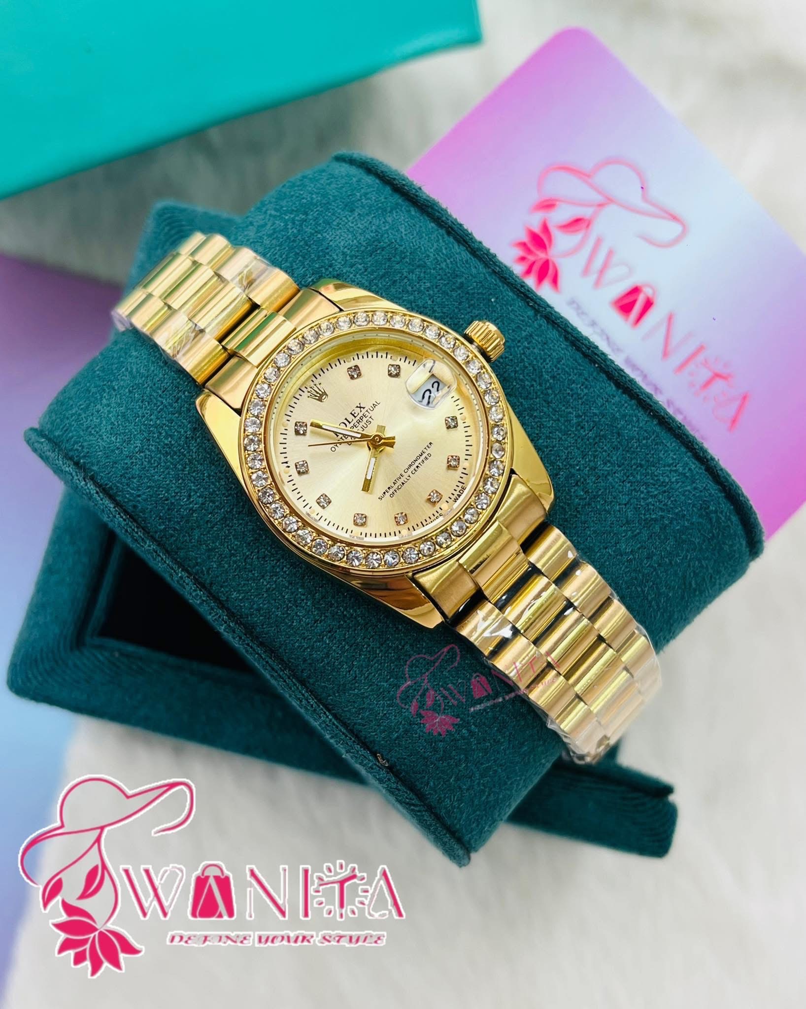 Premium Rolex Ladies Golden Stone Watch