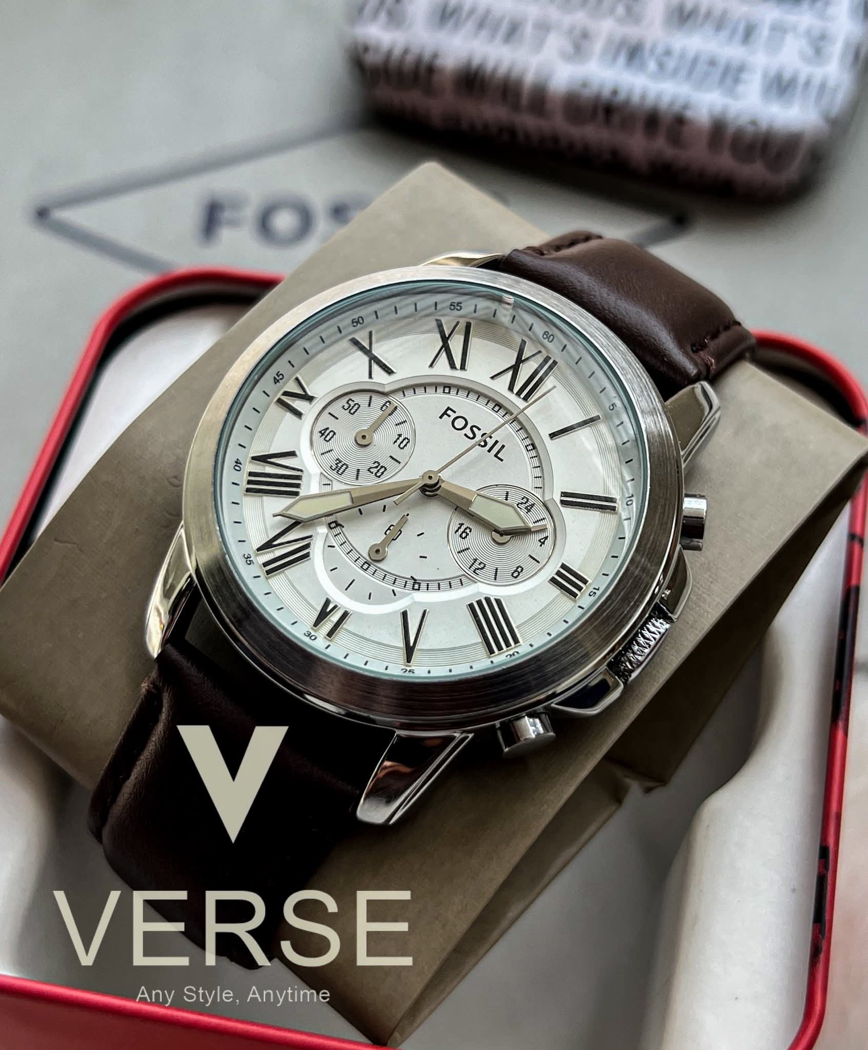 Fossil Grant Chrono white Dial brown belt