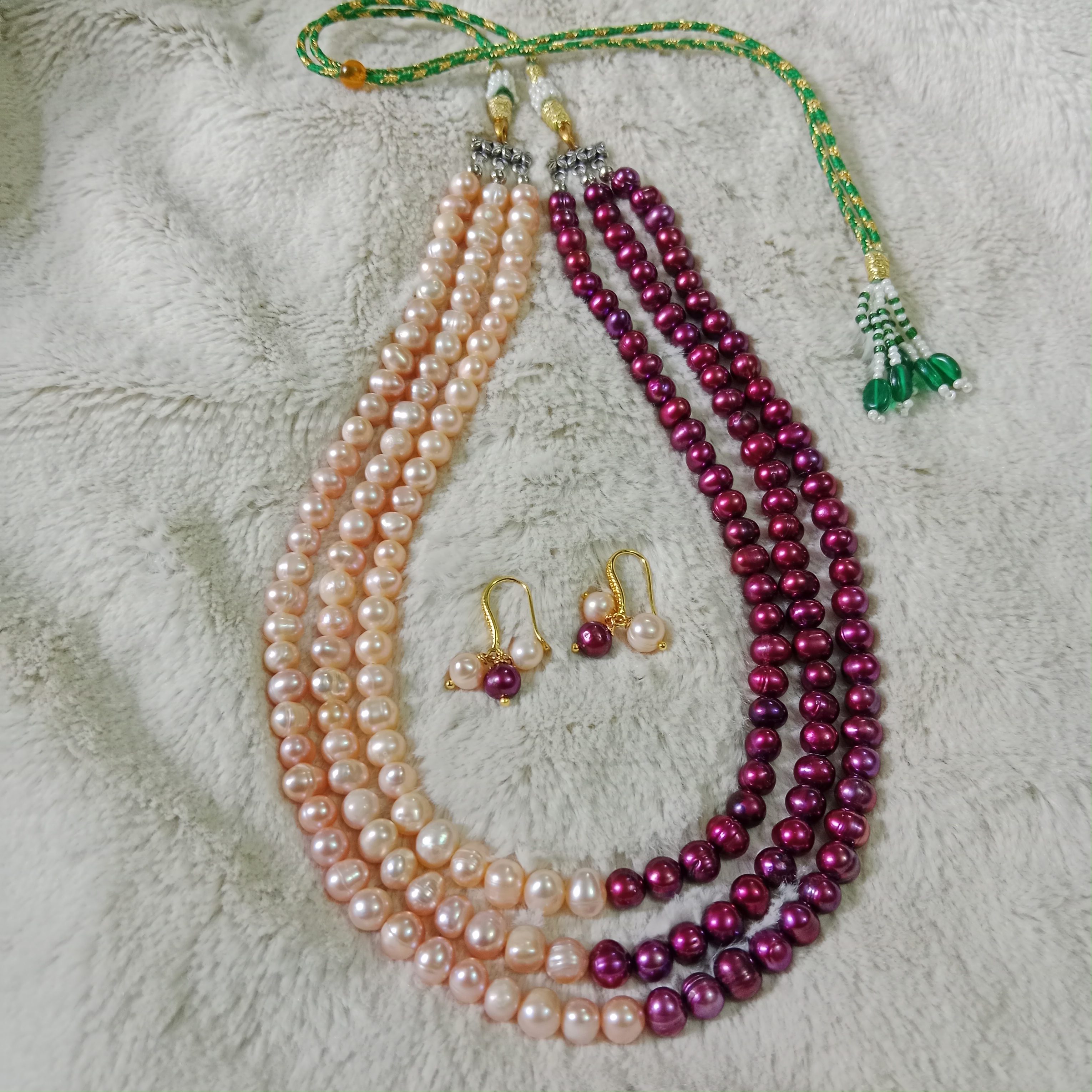 Meroon and peach Pearl combination 3 layer necklace for women_img_3