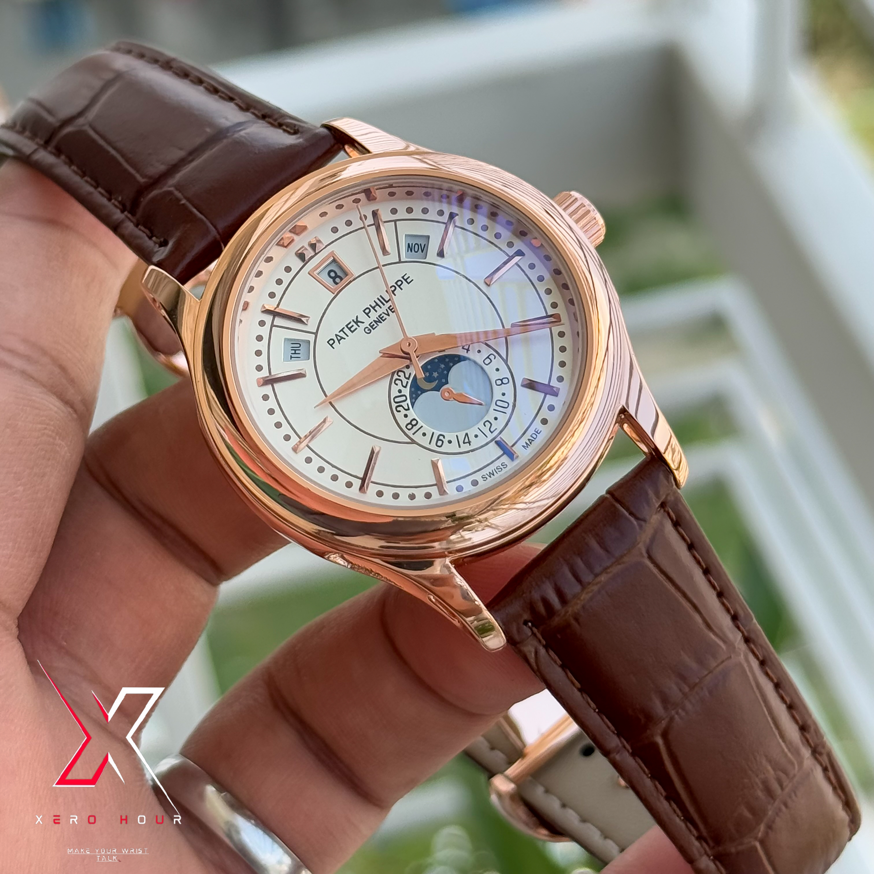 Patek Philippe Calender Perpetual | AA Grade | Brown crock Belt Gold white dial \