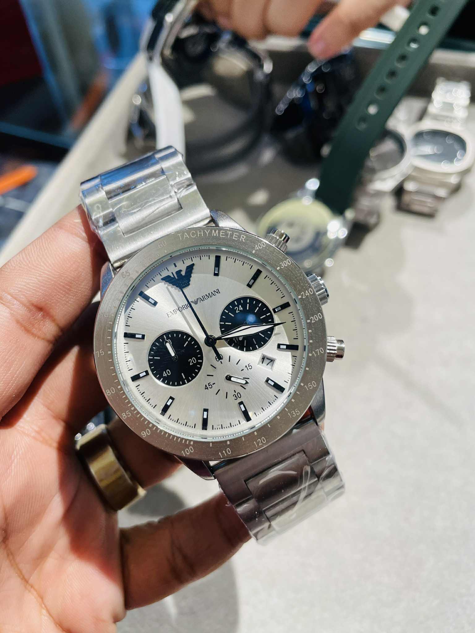 ARMANI CHAIN MATTE SILVER WHITE DIAL BLACK SUB