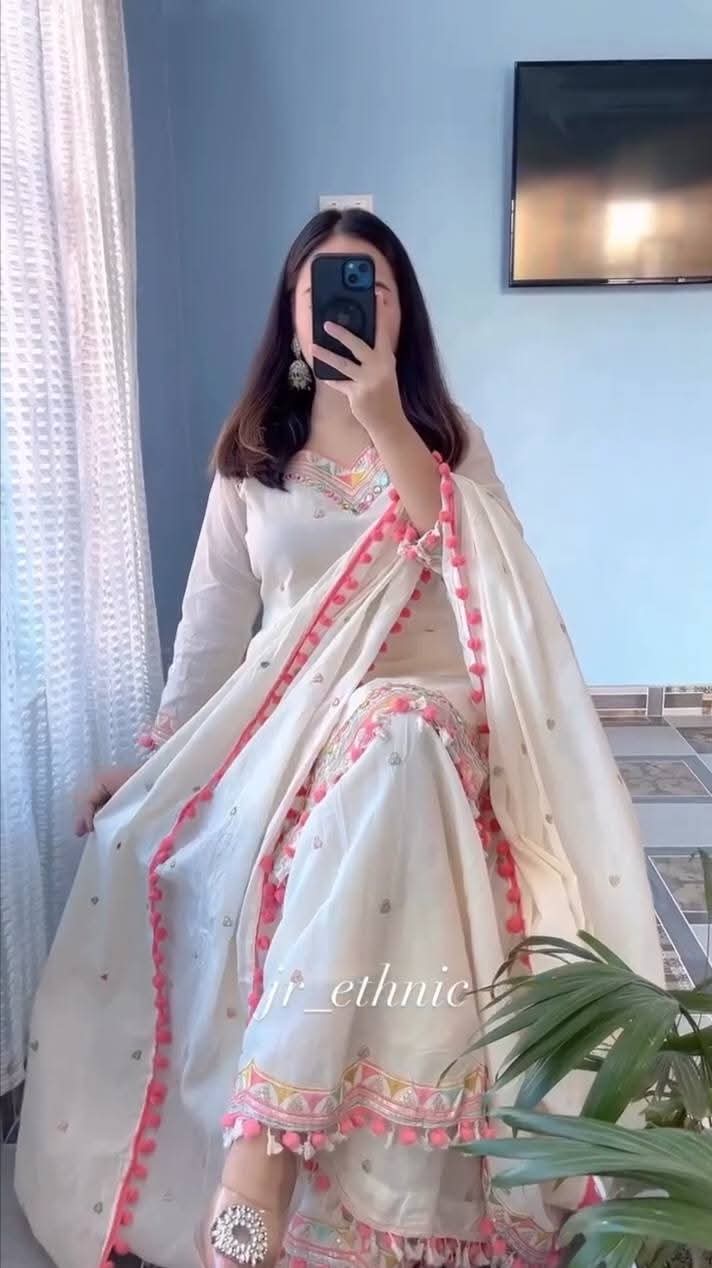 Soft off white beauty with elegant lace & embroidery touch Gharara ready 3pis.