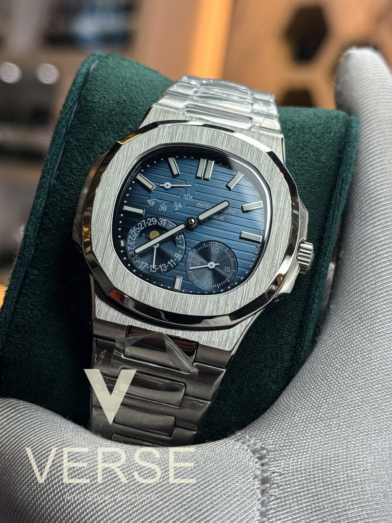 Patek phlippe perpetual calender master grade blue dial silver case