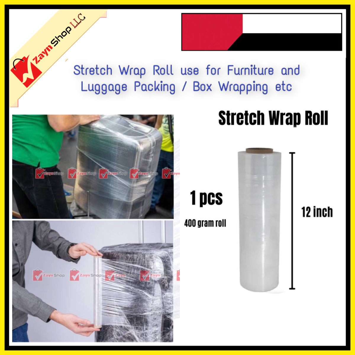 Stretch Plastic Wrap 400gram 1 Roll 12 inch  , LLDPE Wrapping Stretch Film Roll, Perfect For Luggage, Box and other Goods Wrapping._img_0
