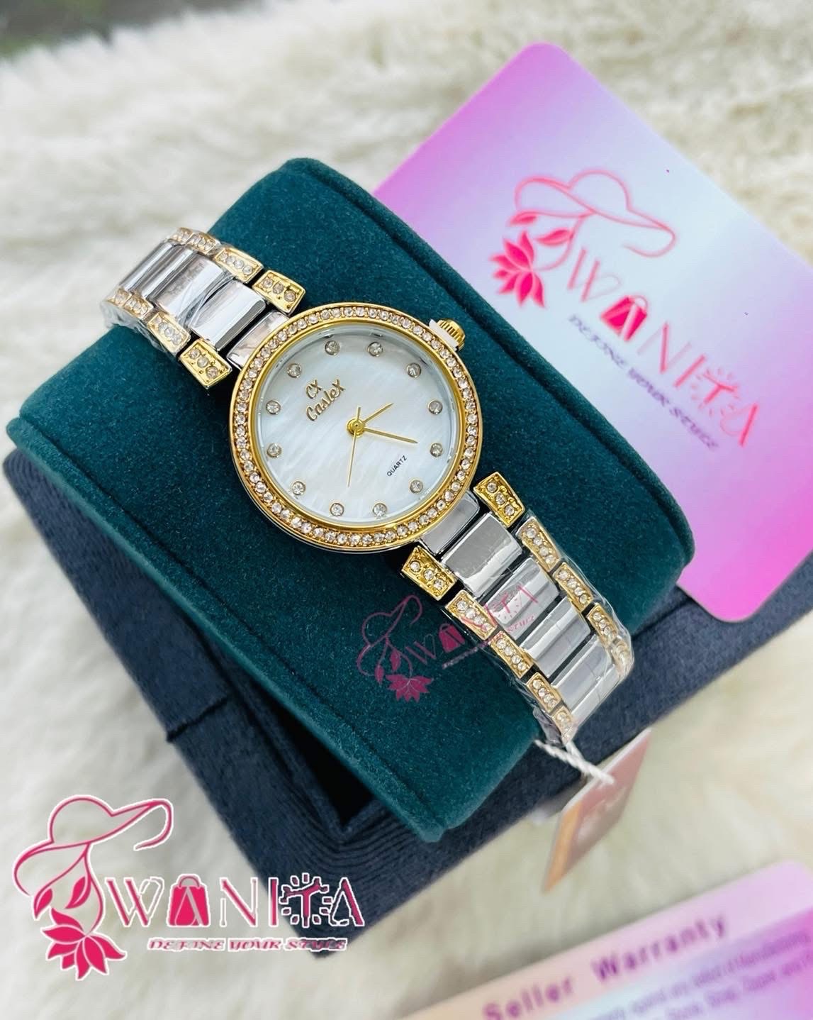 Caslex Ladies Whita Dial Stone Watch