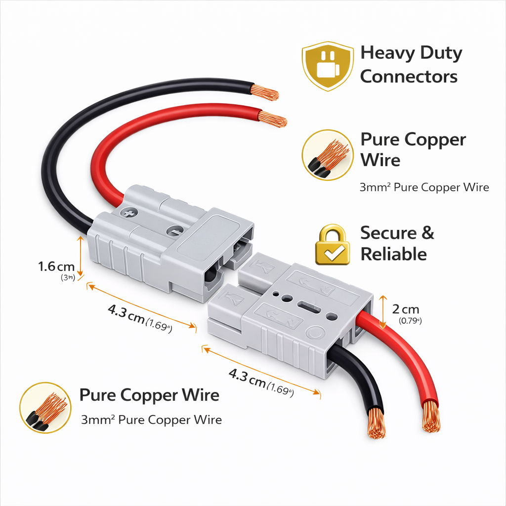 Anderson Connector 50A Kit with 8 Gauge 30cm Pure Copper Battery Cable Waterproof Quick Connect Plug