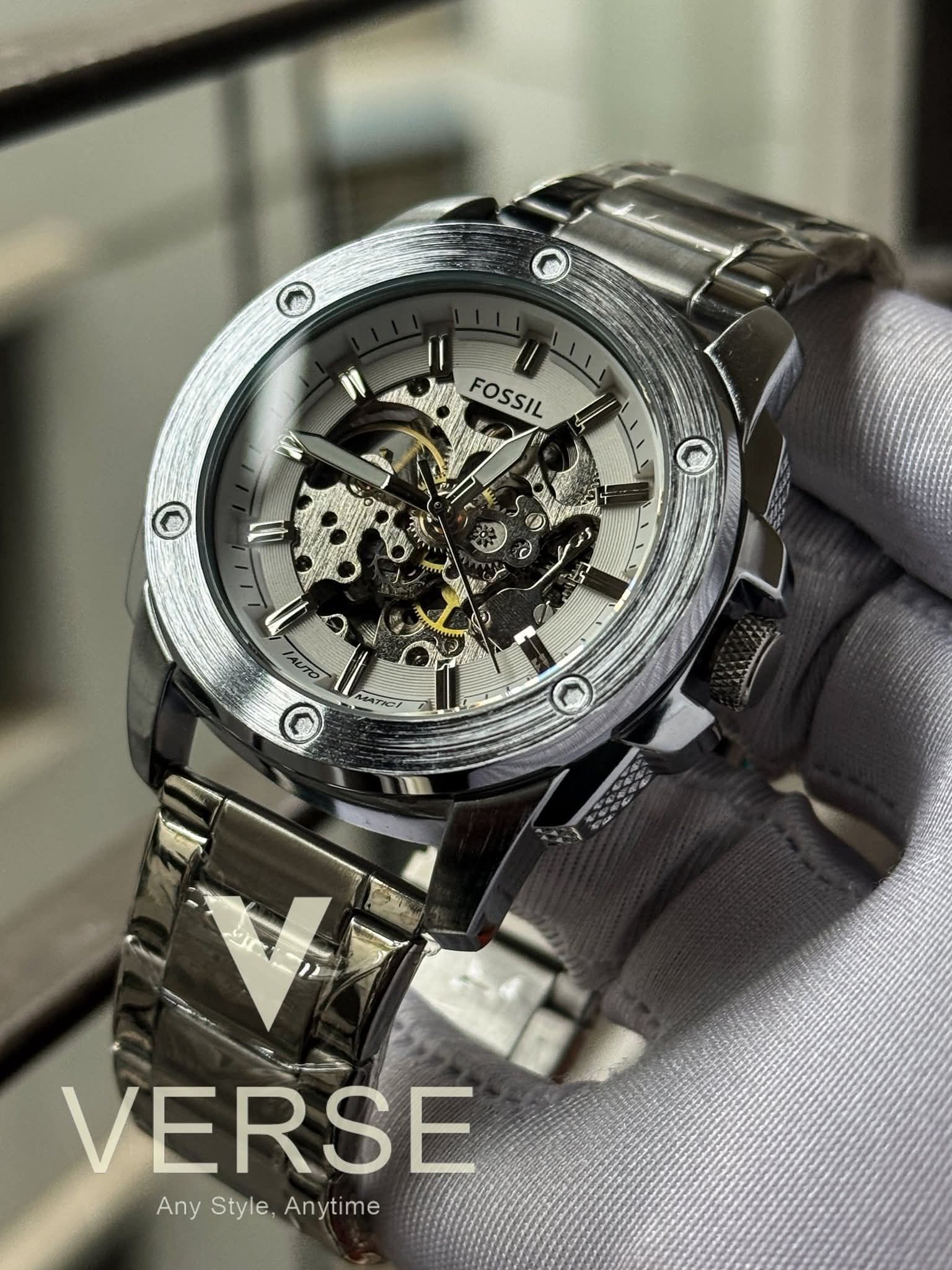 FOSSIL AUTO CHAIN BIG DIAL SILVER CHAIN WHITE DIAL