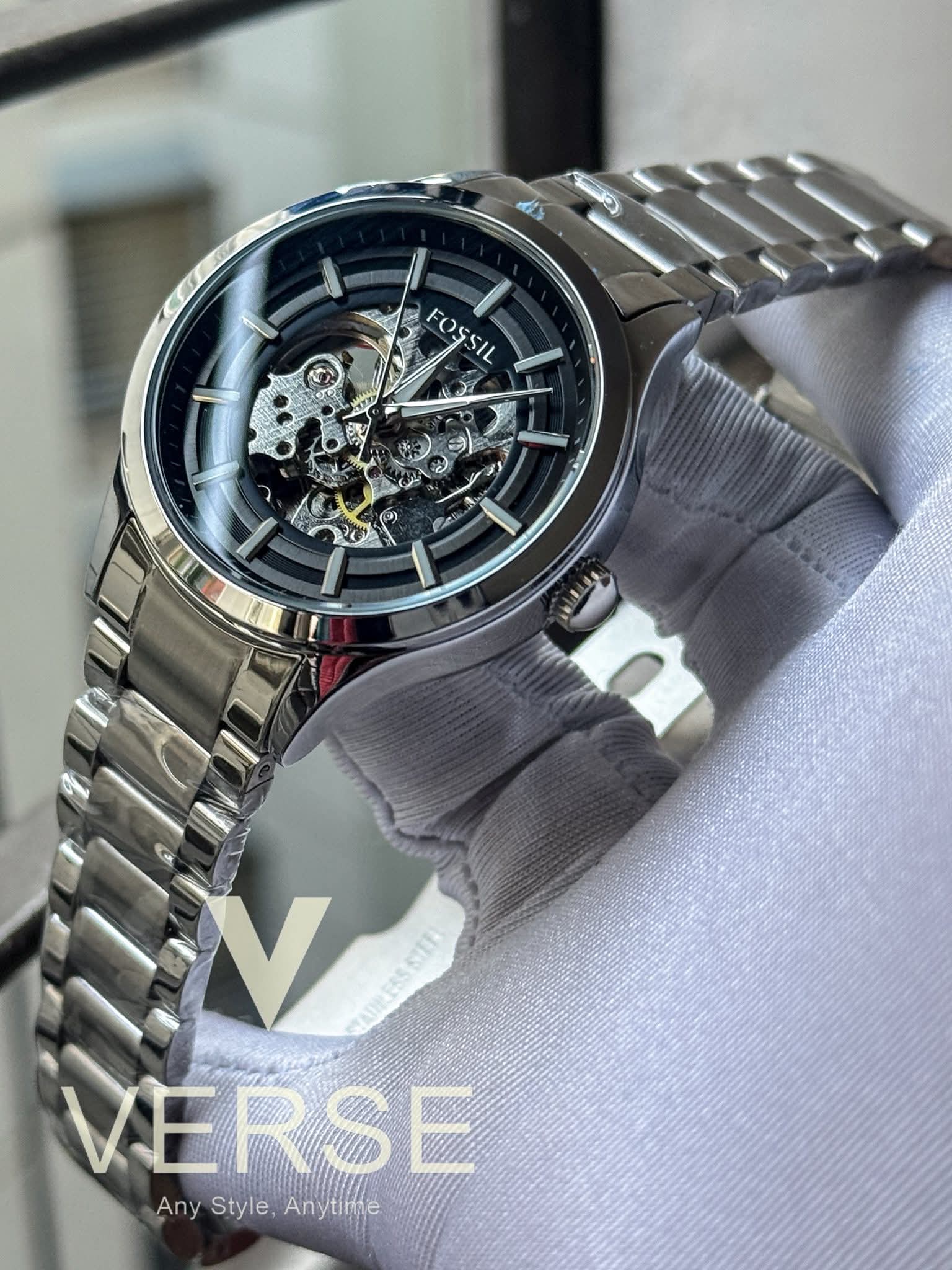 FOSSIL AUTO CHAIN SILVER CHAIN BLACK DIAL