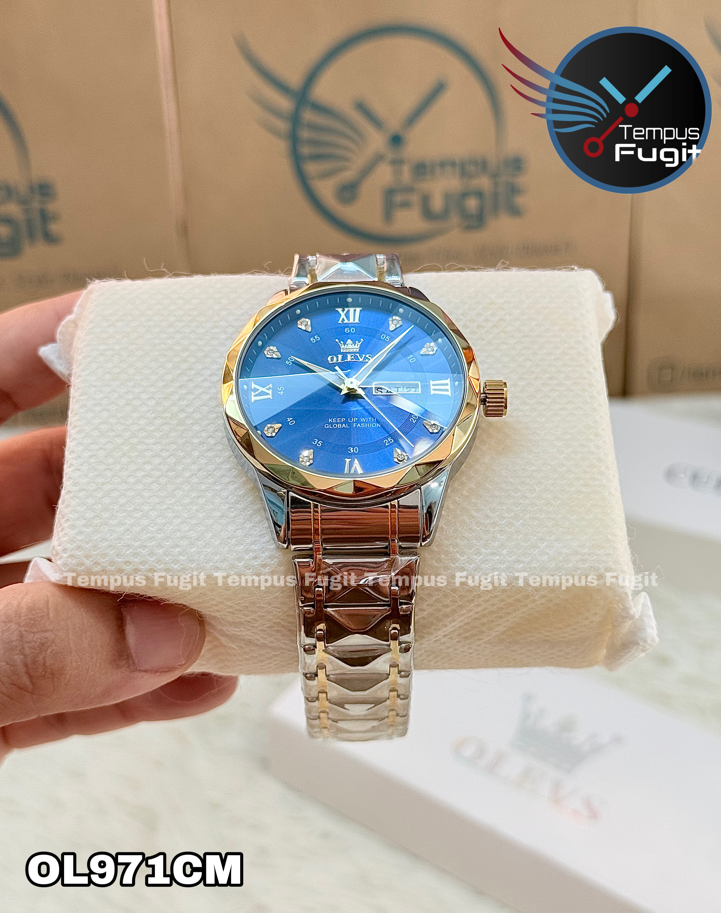 OLEVS 5609 Gents Chain Watch- Blue Dial- Golden Bezel- Silver+Golden Chain- TF Code OL971CM_img_12